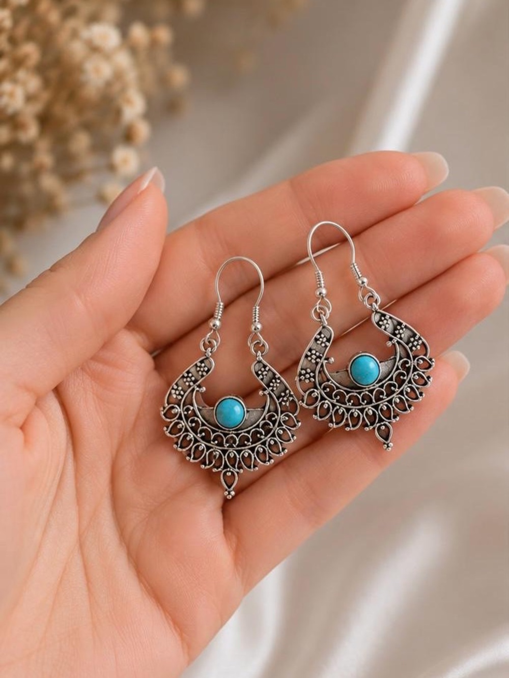 Silver Filigree Earrings with Turquoise Accent - Picture 3 of 3
